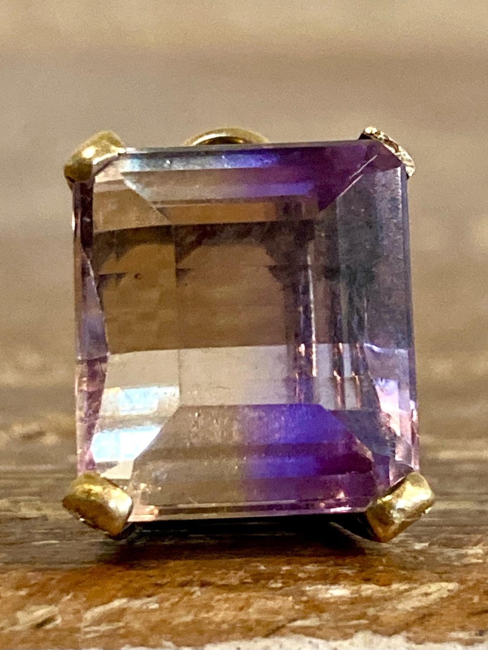14K Gold Pendant with Purple & Yellow Rectangular Faceted Stone Broken!
